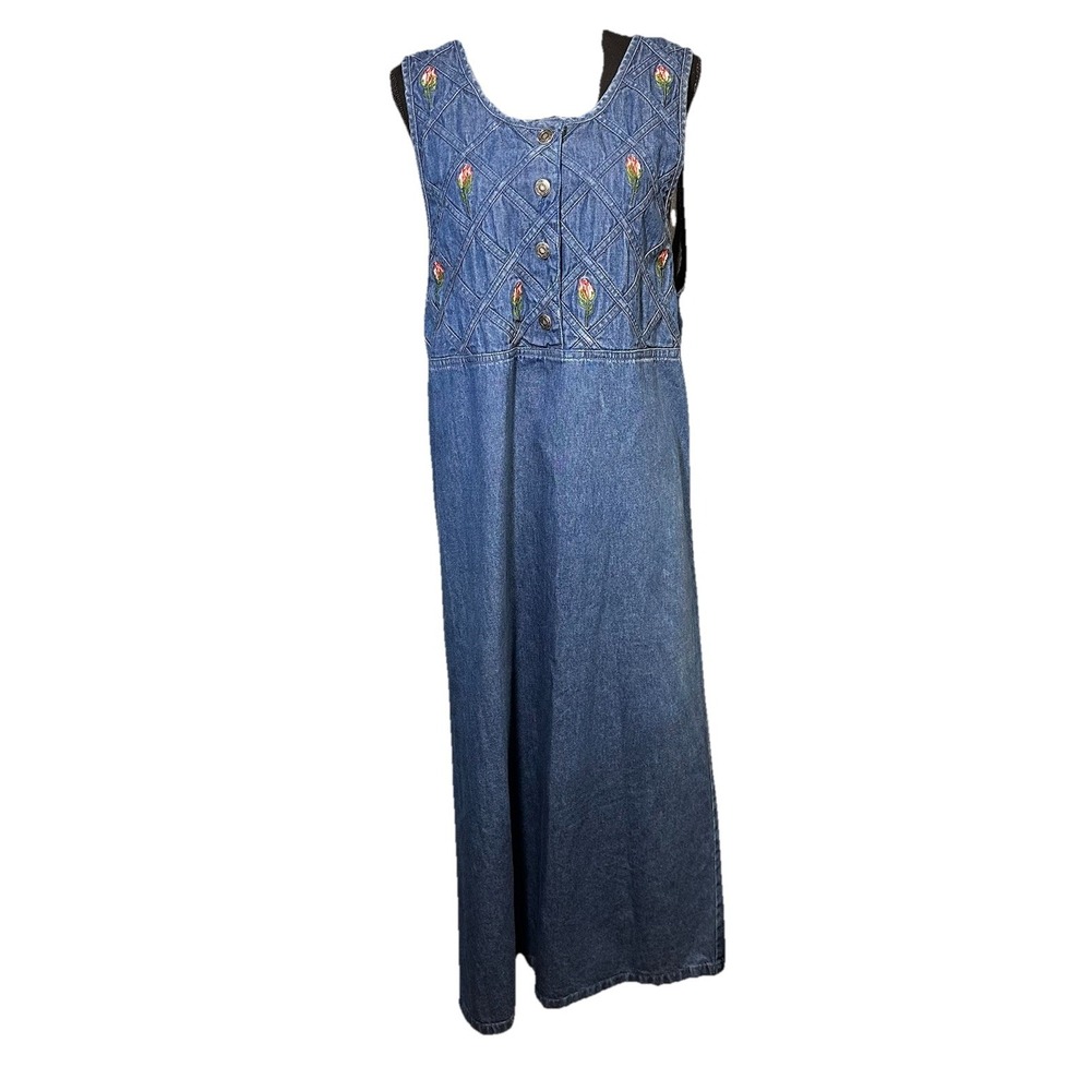 Premier International Embroidered Denim Jumper Dress MED Maxi Cottagecore